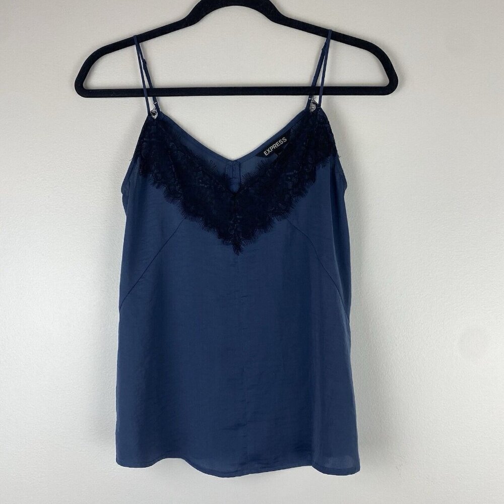 Express Women's Lace Trim Spaghetti Strap Tank Top Size XS Blue Black Flowy